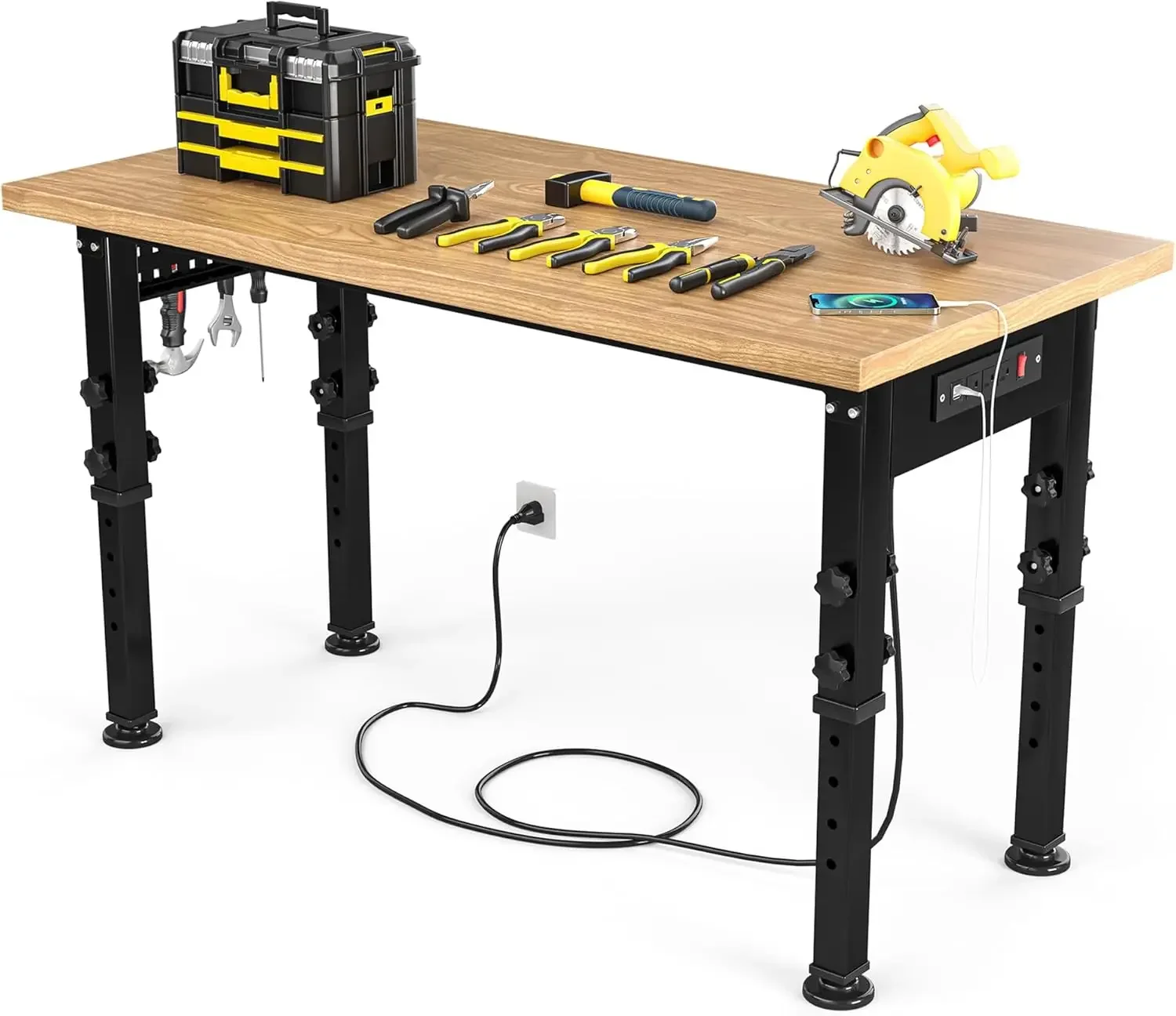 48 inch Adjustable Work Bench with Wood Top Workbench for Garage W/Pegboard & Power Outlets Heavy-Duty Workstation