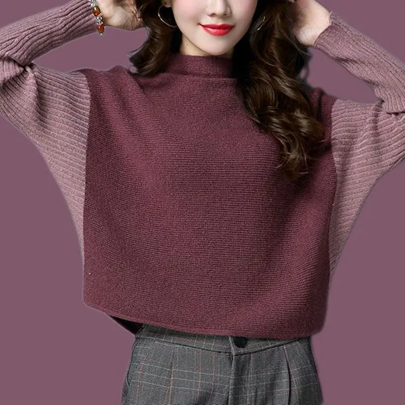 Female Clothing Batwing Sleeve Loose Sweaters Vintage Half High Collar Autumn Winter Stylish Casual Patchwork Knitted Jumpers