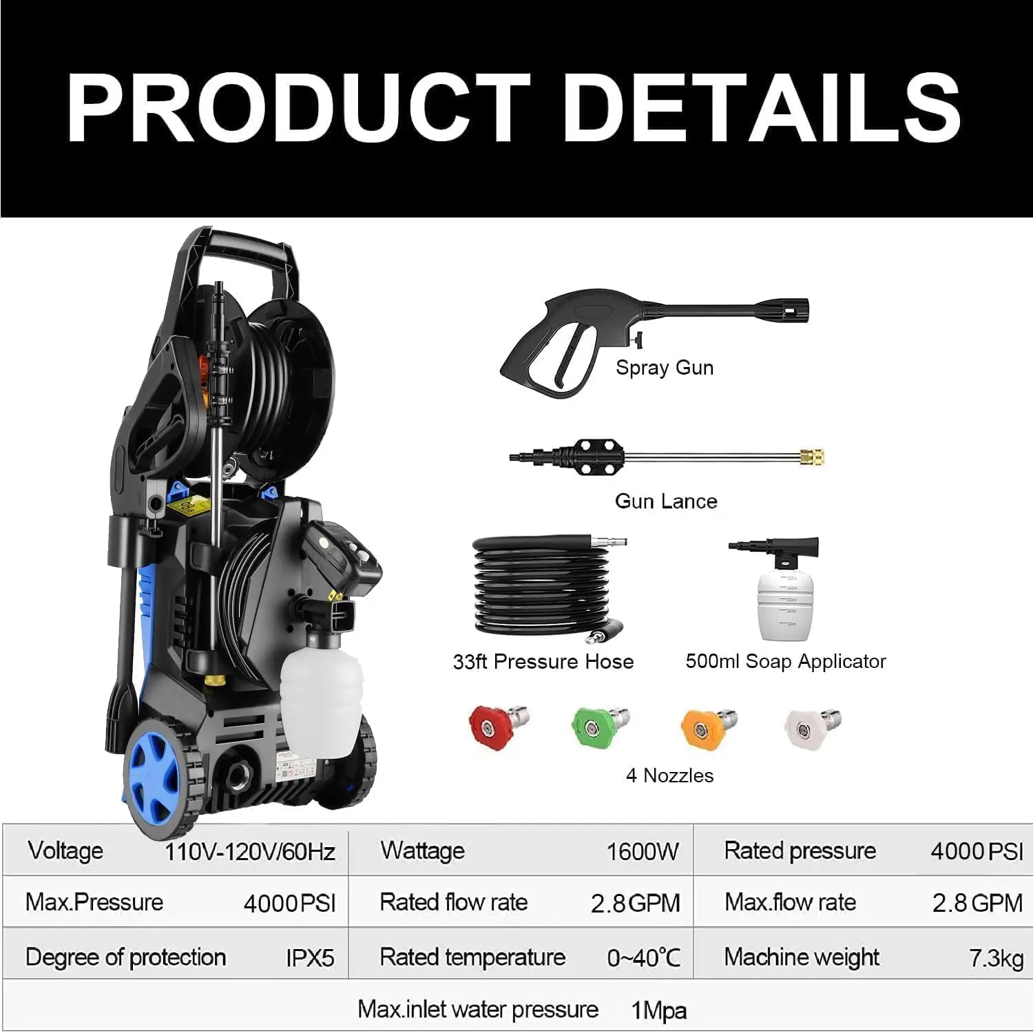 3000psi Elektrische Hogedrukreiniger 2.4gpm Power Washer 1600W Hogedrukreiniger Machine Met 4 Nozzles Schuimkanon