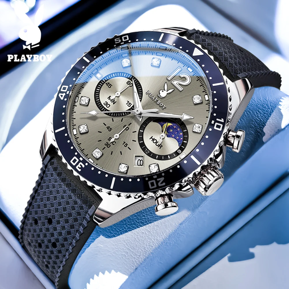 

PLAYBOY 3515 Мужские часы, спортивные повседневные кварцевые часы с фазами Луны, водонепроницаемые светящиеся наручные часы с датой для мужчин, подарки, силиконовый ремешок