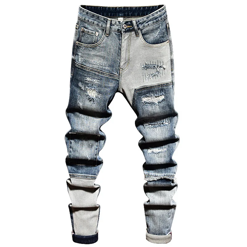 New trendy brand high end jeans MEN'S slim fit straight leg fashionable trendy casual hole patch spliced biker denim pants