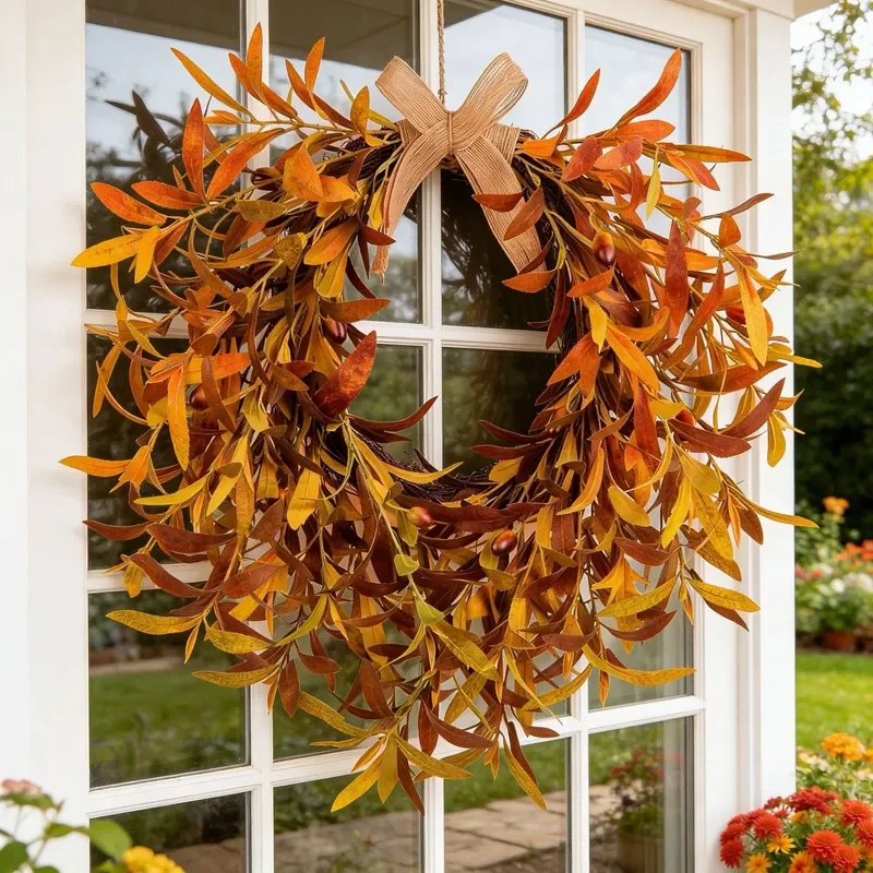 Simulated Olive Fruit Wreath Autumn Fake Flower Hanging Decoration for Foyer Fireplace Wall Home