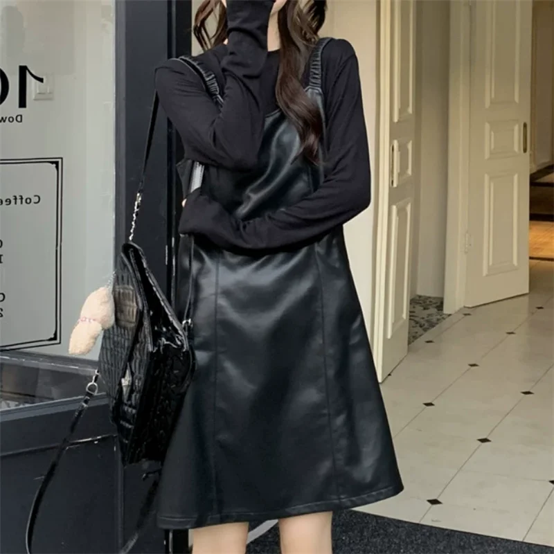 Women Fashion 2 Pieces Suits Long Sleeve Black T Shirt&Black A Line Lather PU Mini Tank Dress Matching Suspender Skirt 2pc Sets