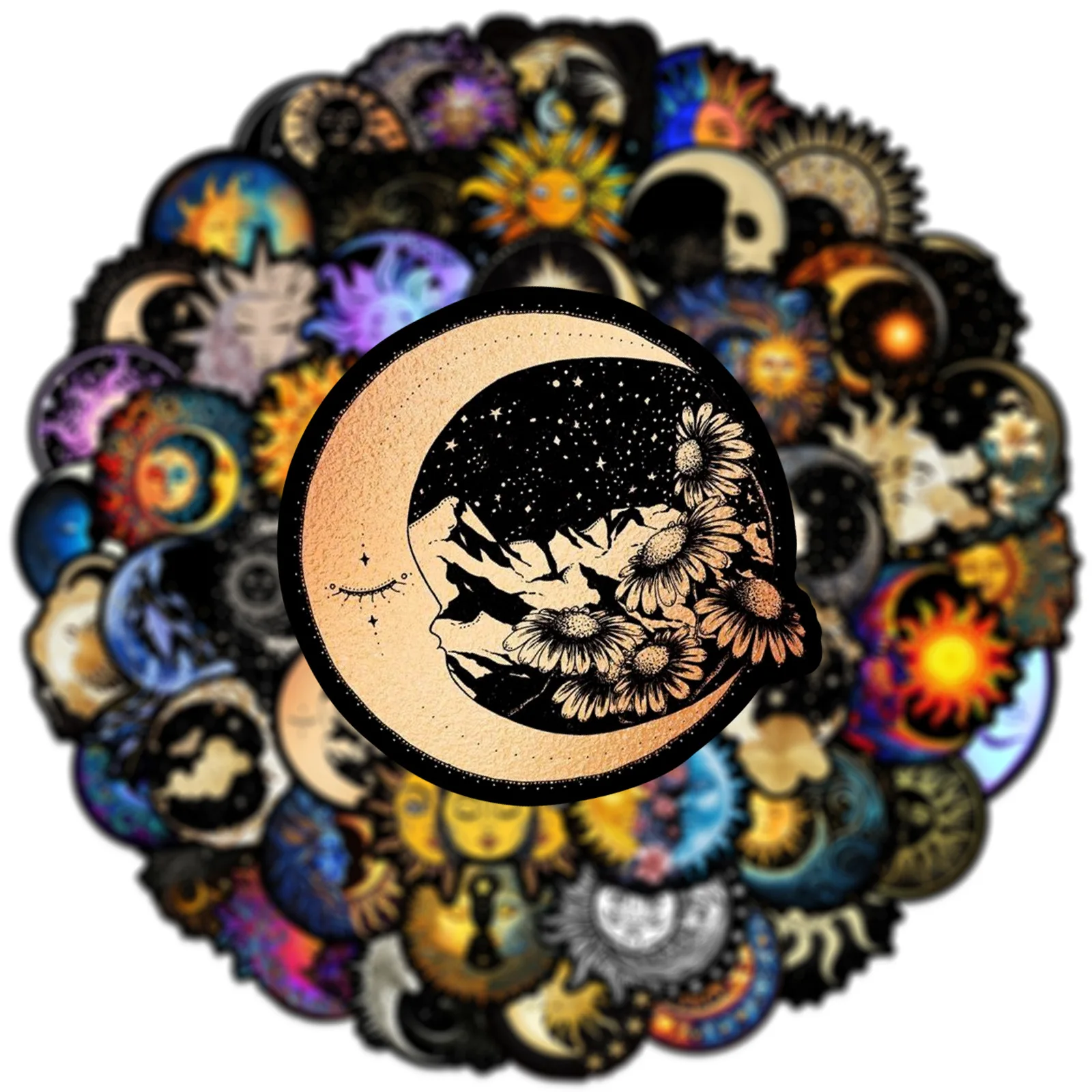 50Pcs Art Moon and Sun Stickers Moon DIY Stickers Scrapbooking Phone Luggage Skateboard Waterproof Decals
