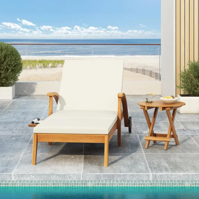 

Outdoor Recliner Set - Includes 2-Inch Cushion & Adjustable Backrest Lounge Chair with Wheels, Foldable Acacia Wood Side Table