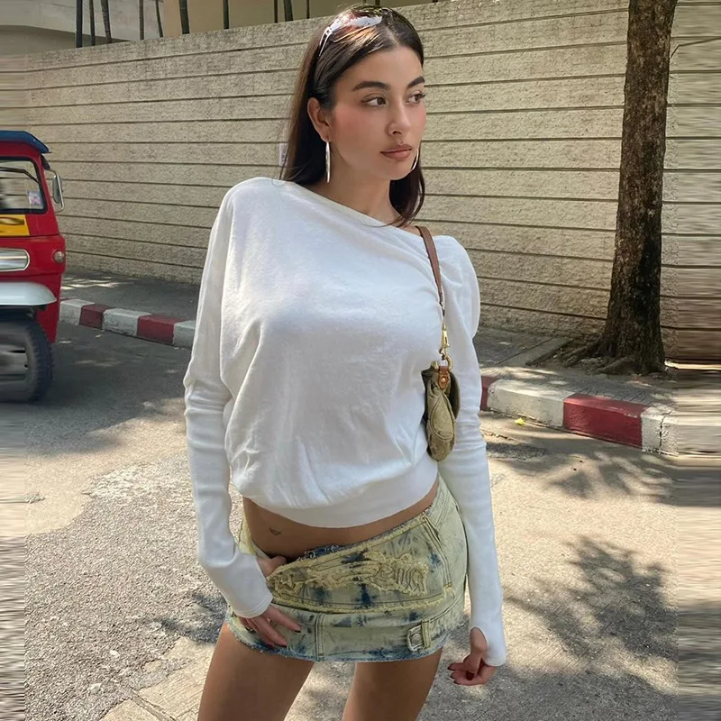 Asymmetrical Boat Neck Long Sleeve T Shirt For Women, Solid Loose Draped Off Shoulder Blouse, Soft Stretch Casual Layering Top