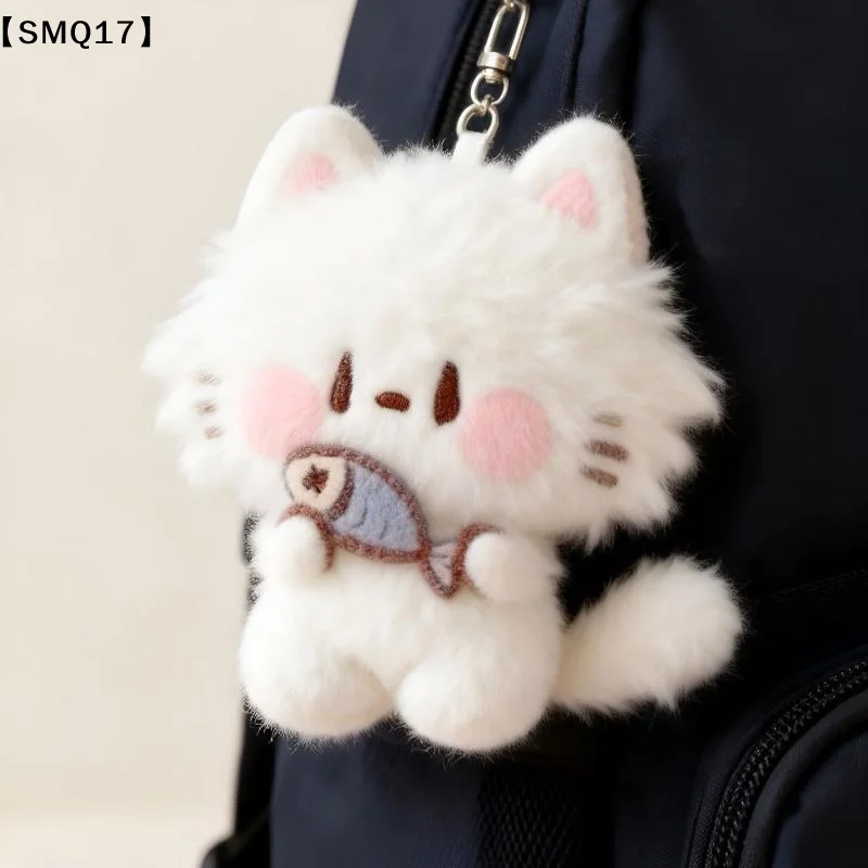 Lovely Fluffy Plush Kitten Key Chain Cartoon Cat With Fork Fish Embroidery Backpack Bag Pendant Gift For Women Girls 1PC【SMQ】