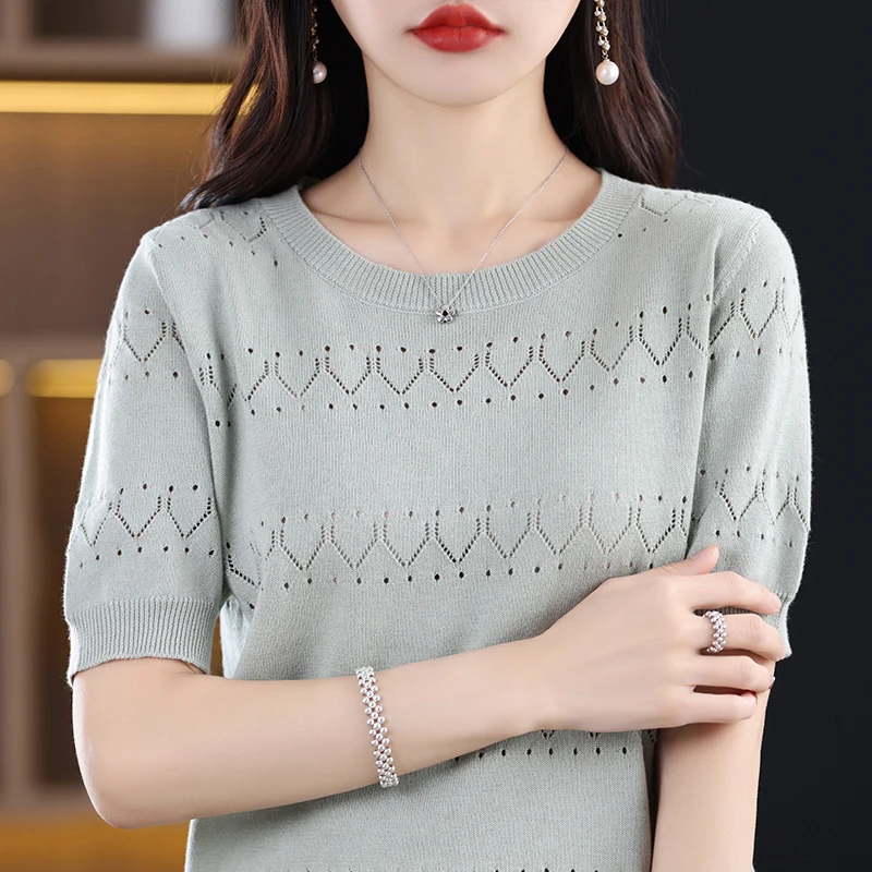 T-shirt Women 2023 New Round Neck Loose Sweater Casual Solid Top Cutout Versatile Pullover T-shirt Fashion Short Sleeve Top