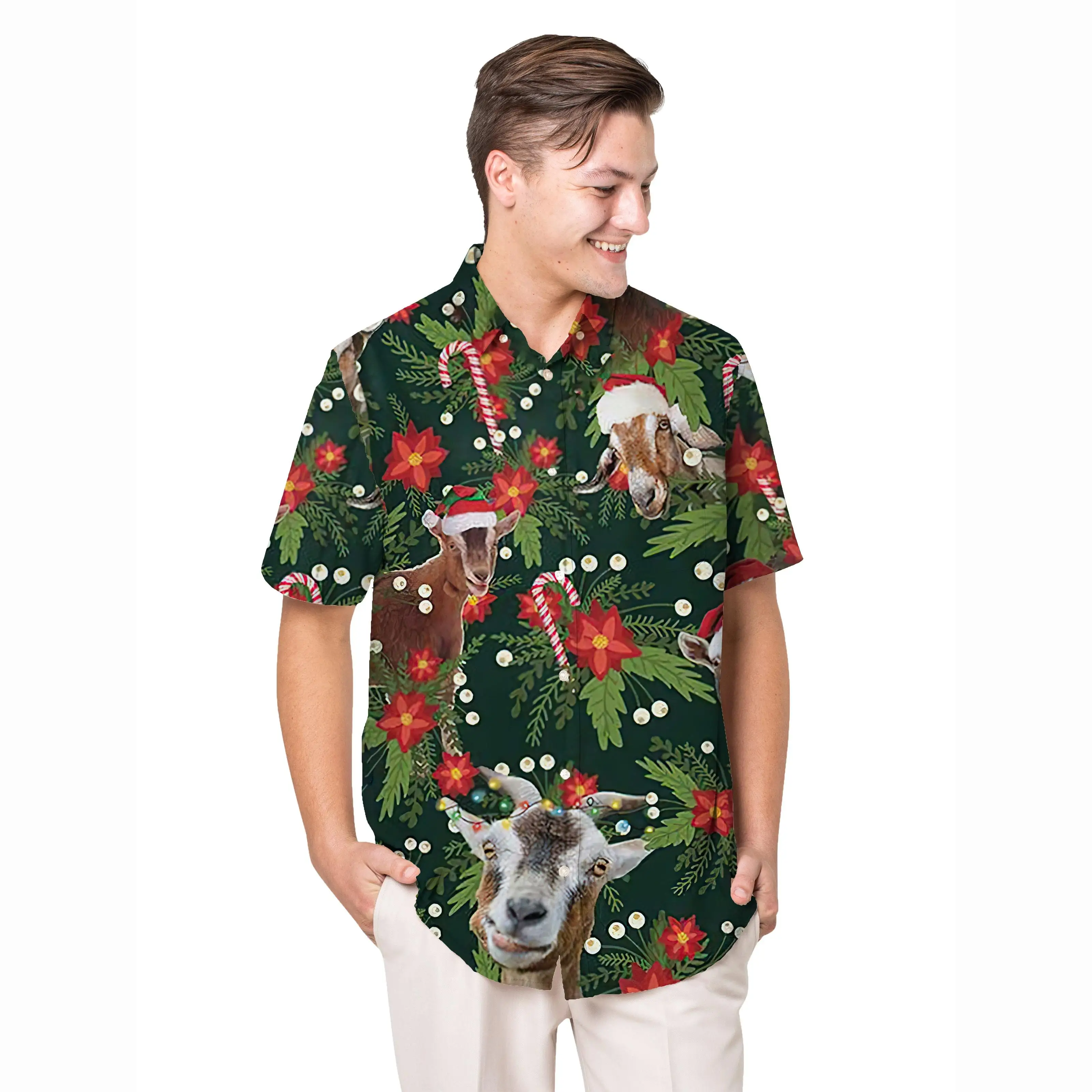 Jumeast Animal Goat Pattern Short Sleeve Hawaiian Shirt Hibiscus Flowers Aloha Shirts Palm Leaf Clothing Christmas Day Gift