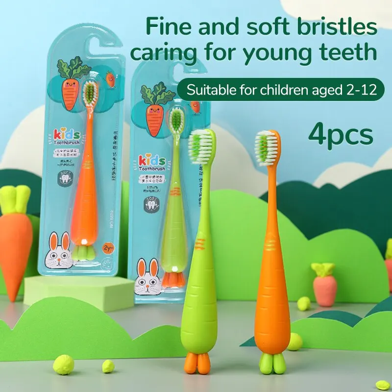 4PCS Children\'s Toothbrush Cartoon Carrots Standable Toothbrush For Infants And Toddlers Toothbrush For Kids 2-12 Years Old