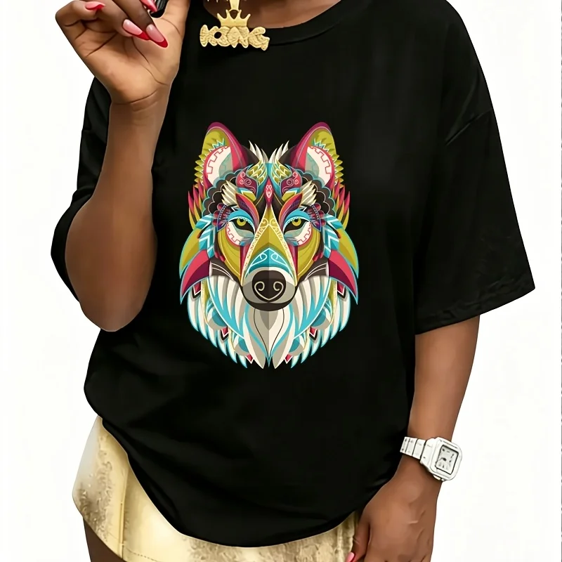 A Vintage Beautiful Colorful Fancy Wolf Face Cute Animal Pet Lover Women's 100% Cotton T-Shirt Short Sleeve Top Casual Round Neck Fun Print Tee S-5Xl