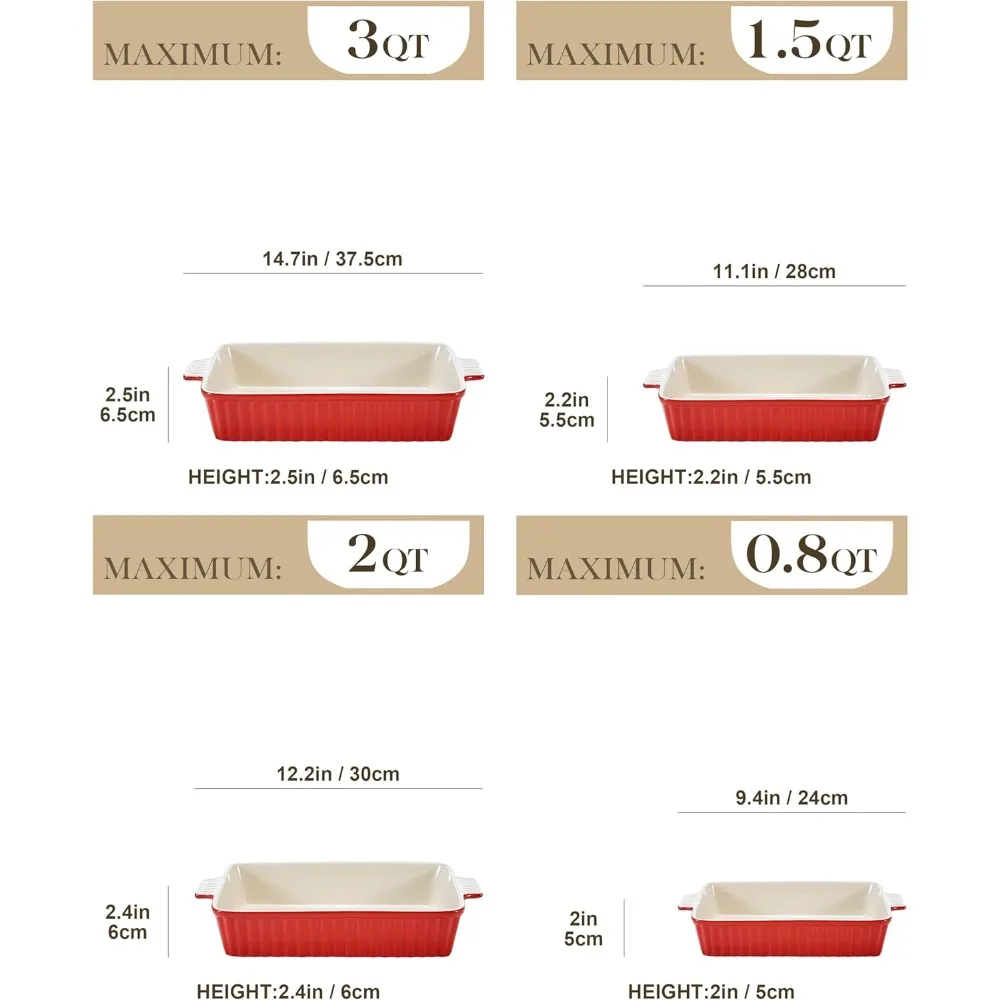 Bakeware Set of 4,  Rectangular Baking Dish Lasagna Pans for Cooking Cake Pie Dinner Kitchen, Red (9.5