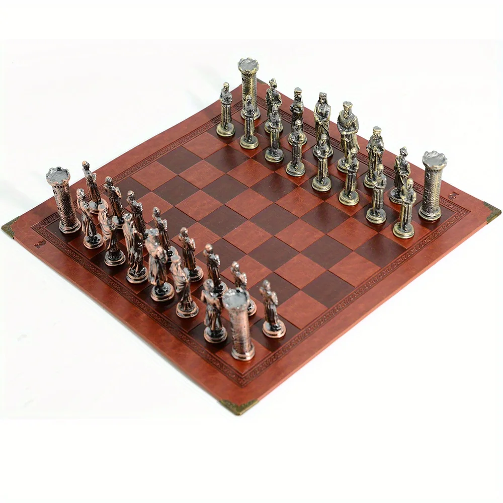 

32 Metal Characters Chess Gold with Artificial Leather Chessboard Characters Theme Table Game Toys Entertainment