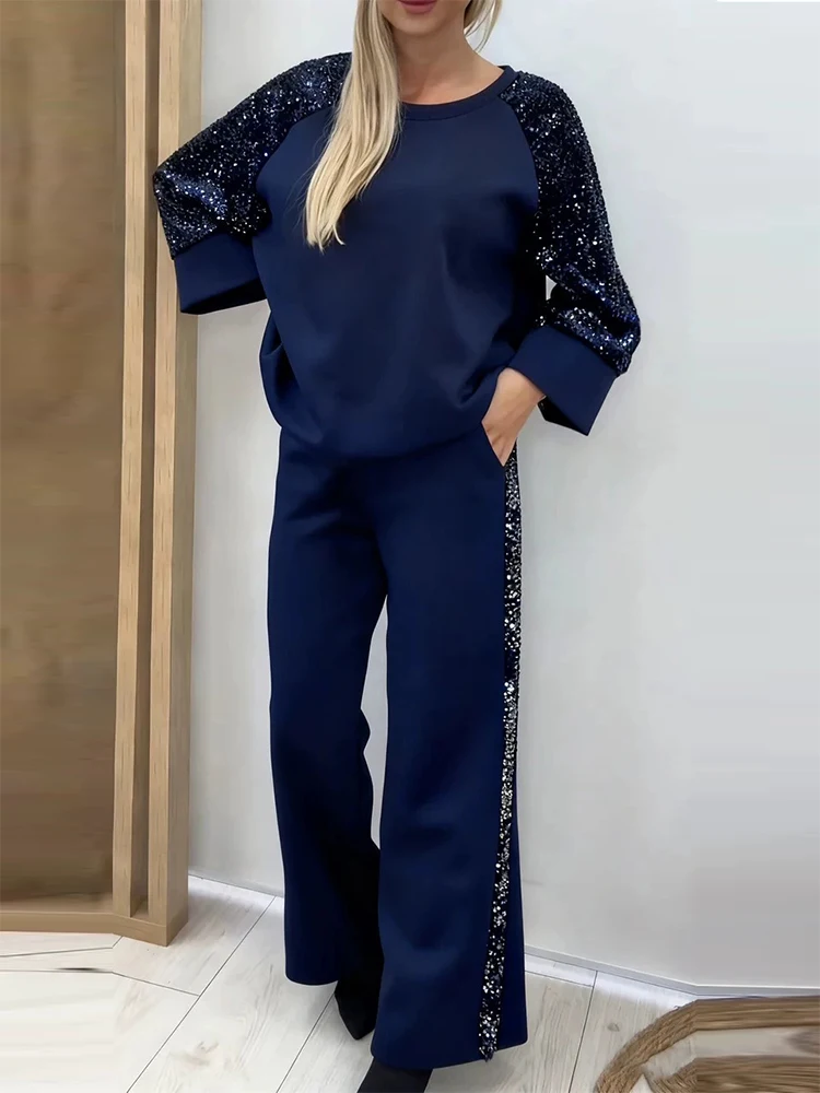 

Женский топ и брюки с круглым вырезом и длинными рукавами, комплект из двух предметов, новый весенний повседневный свободный костюм с пайетками, 2026, женская модная одежда для поездок на работу