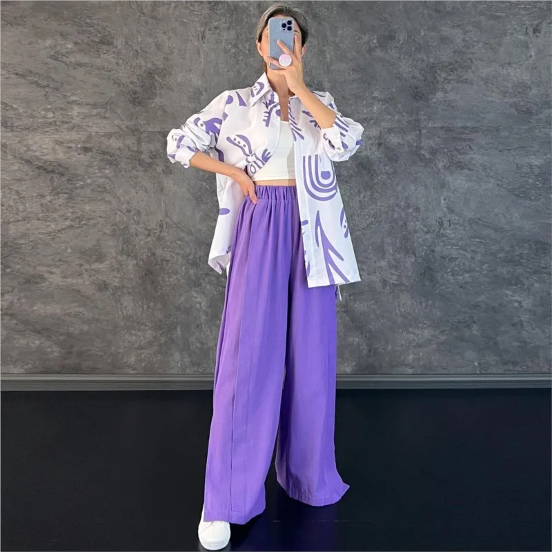 

Fashion Long Sleeve Lapel Shirt Solid Wide Leg Pants Suit Elegant Print Pocket Top Long Pants 2 Piece Casual Set For Women