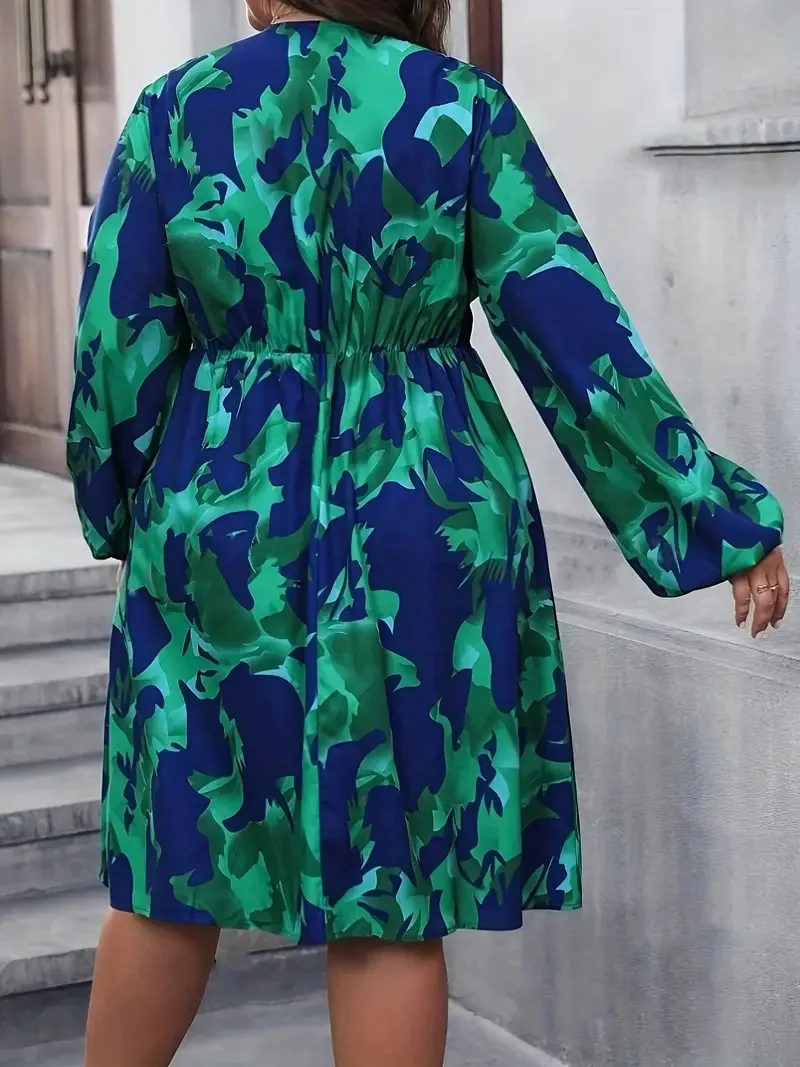 GIBSIE Plus Size Surplice Neck Long Sleeve Autumn Dress Women Casual Print Full Lantern Sleeve A-line Midi Dresses 2024 New