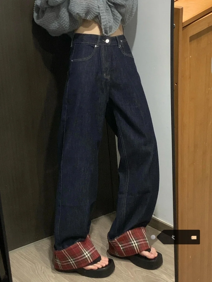 

Retro American Plaid Splicing Cuffed Denim Pants Women Summer New Wide Leg Straight Loose Floor-Length Trousers