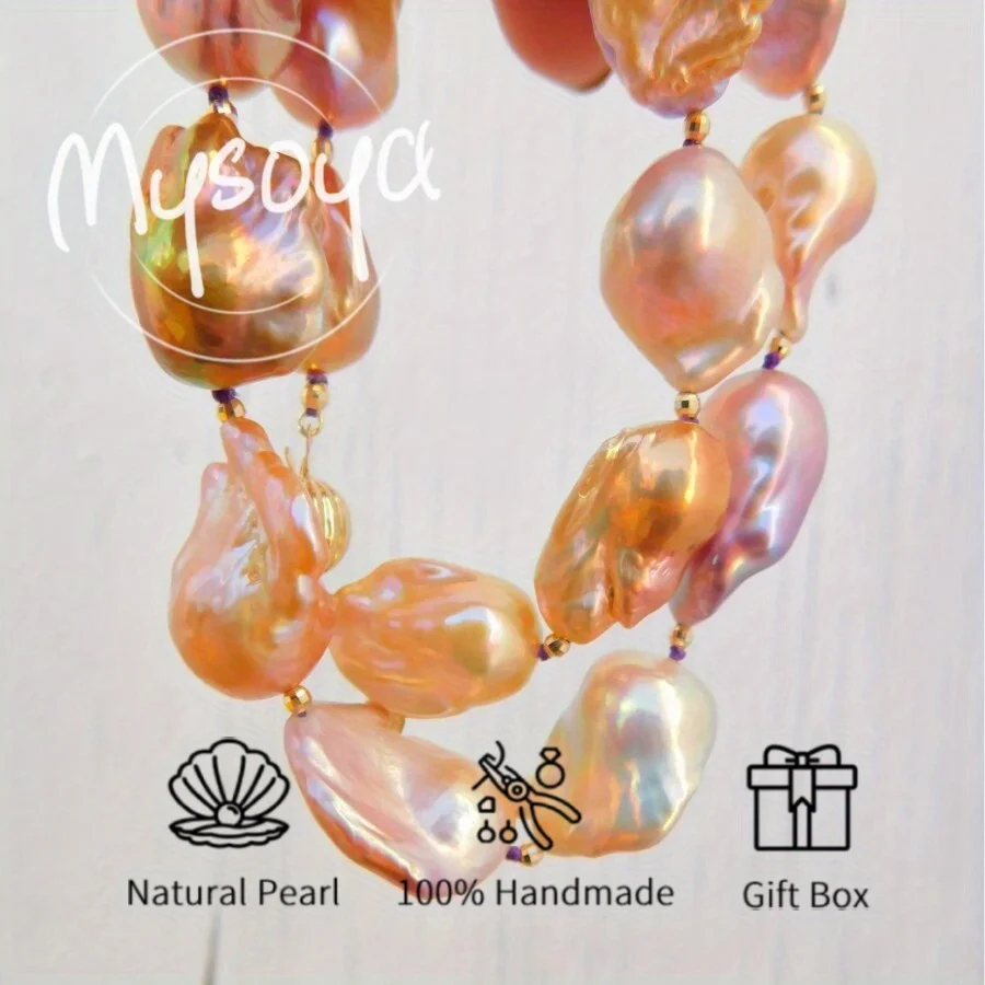 

MYSOYA 14-16mm Large Iridescent Pink Purple Baroque Pearl Necklace For Women And Men Gift Box Birthday Wedding Anniversary Gift