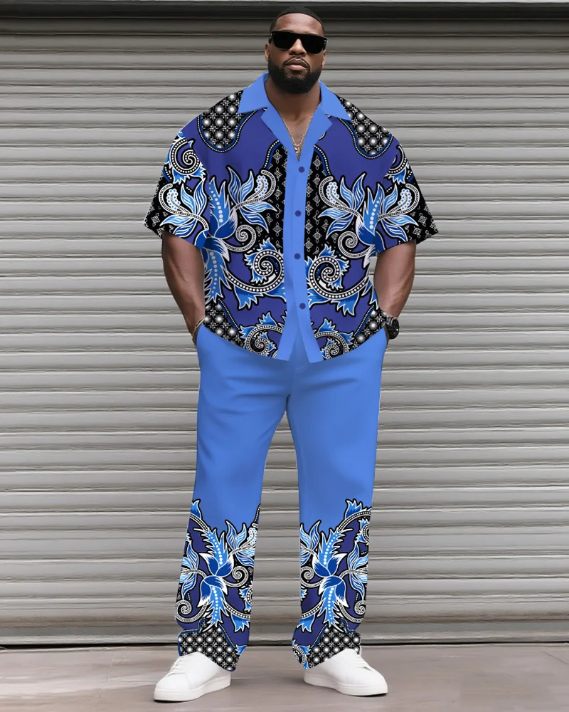 

S-9XL Мужская рубашка больших размеров с винтажным дворцовым узором в стиле пэчворк, рубашка с короткими рукавами и брюки, комплект из 2 предметов, роскошный свободный крой, лето