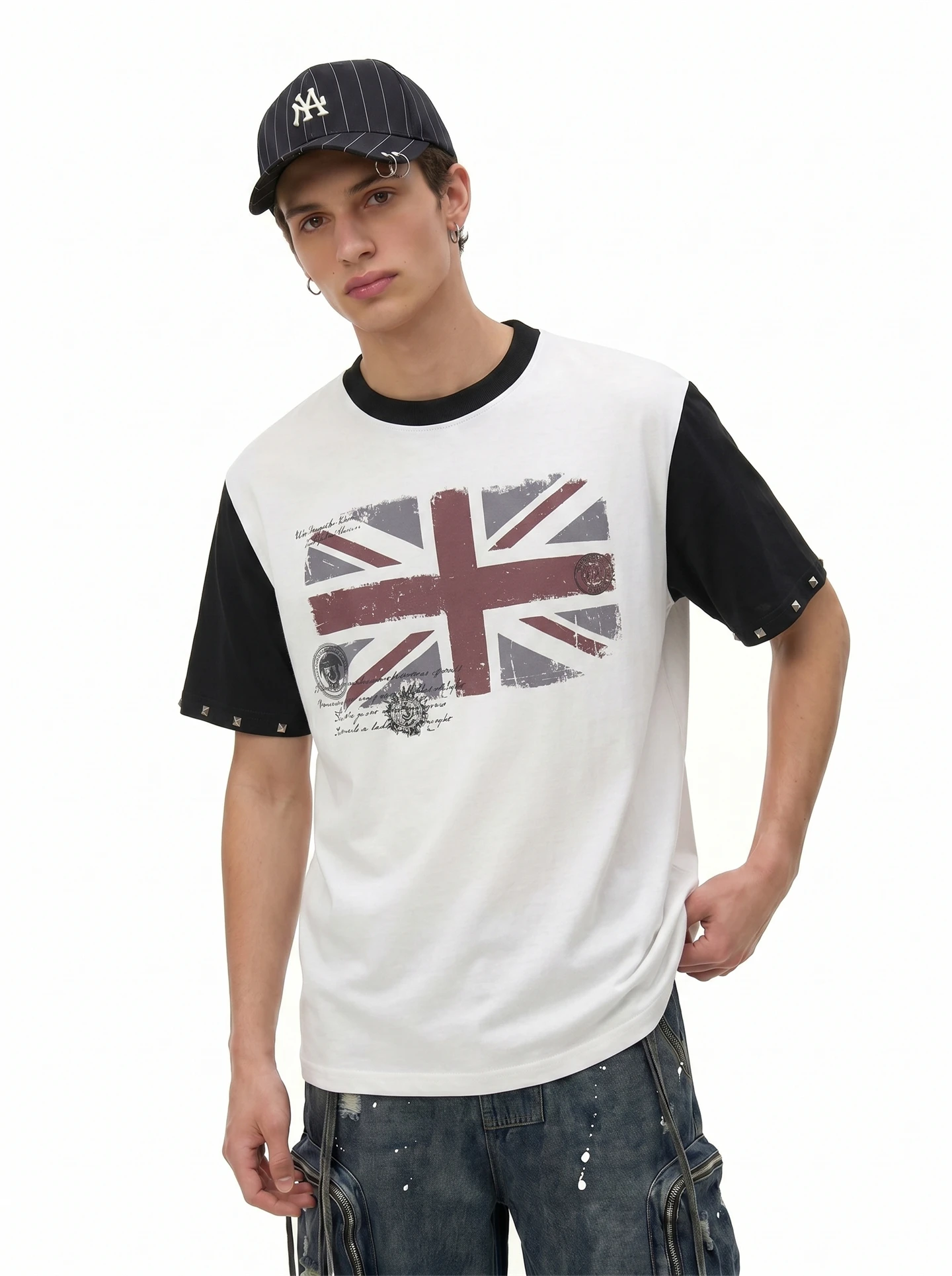 Retro American Flag Print Rivet Short Sleeve T-Shirt Men Summer New Color Block Worn Loose Top Breathable Comfortable Youth F...