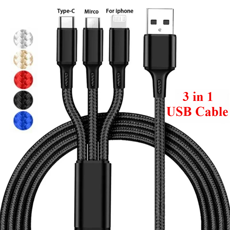  3 in 1 USB Fast Charging Cable Type C Micro IOS Multi Charger Cable for IPhone Samsung Xiaomi Redmi Oppo Braided Cord Usb 3 En 1 