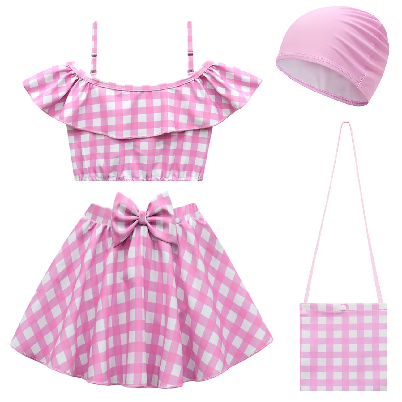 

Summer Kids Girls Swimsuit Set Swimming Cap Plaid Floral Children High Elasticity Two-Piece Sling Baby Clothing Bikinis Set