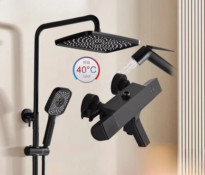 Bathroom Thermostatic Control Shower Set, Bathroom Nozzle Black 3480