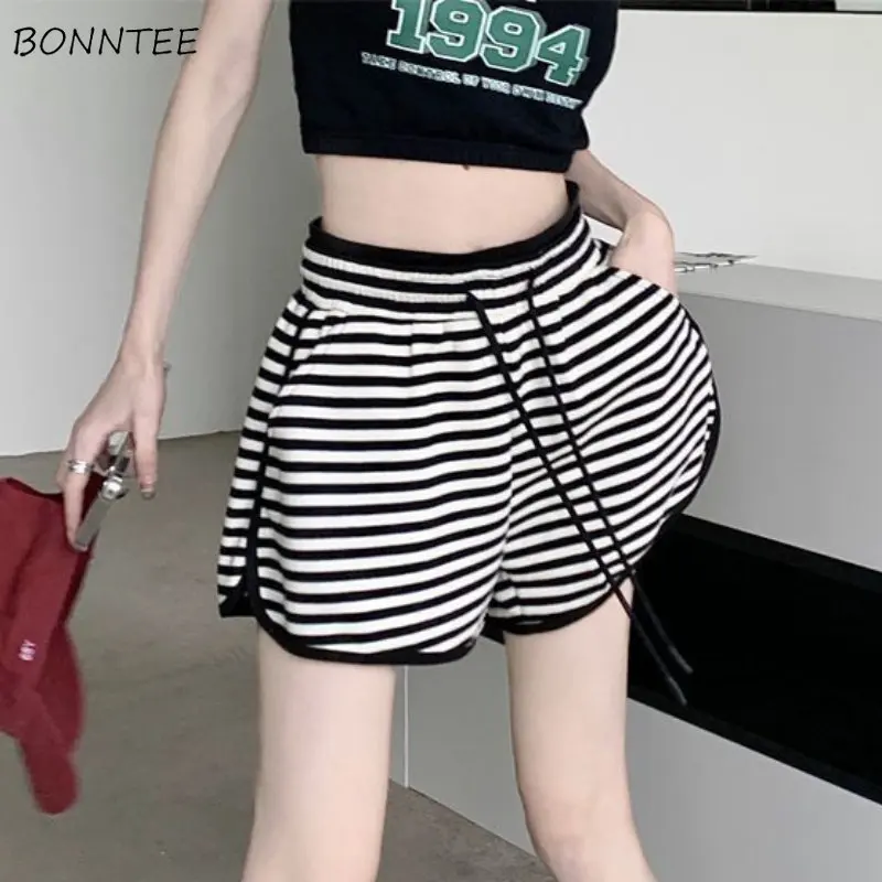 

Shorts Women Summer Sporty Style Striped Vintage Hotsweet High Waist Elastic Chic Streetwear Ulzzang Draw String Loose All-match