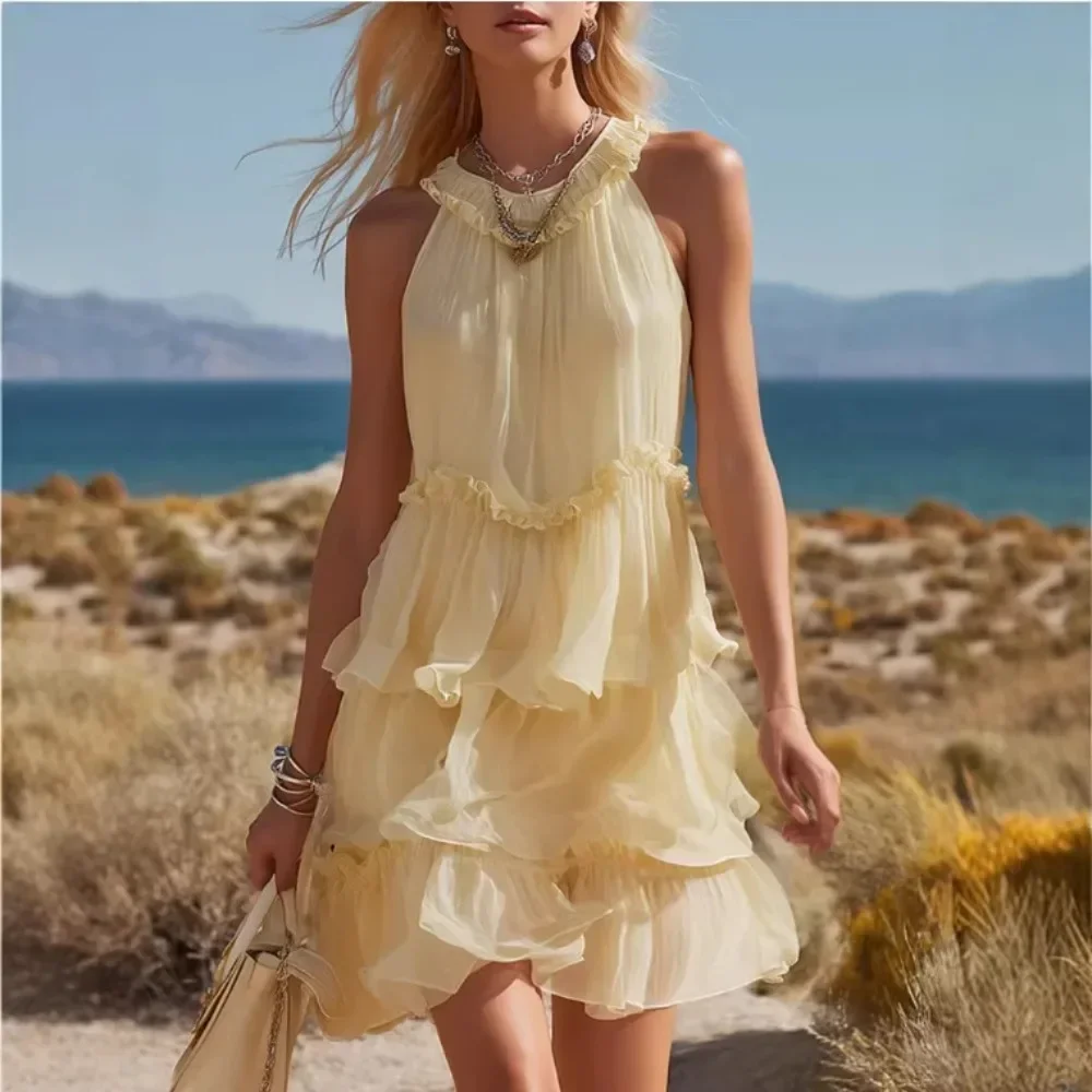 Women Vintage Light Yellow Chiffon Layered Mini Dress Beach Vacation Casual Party Short Dress