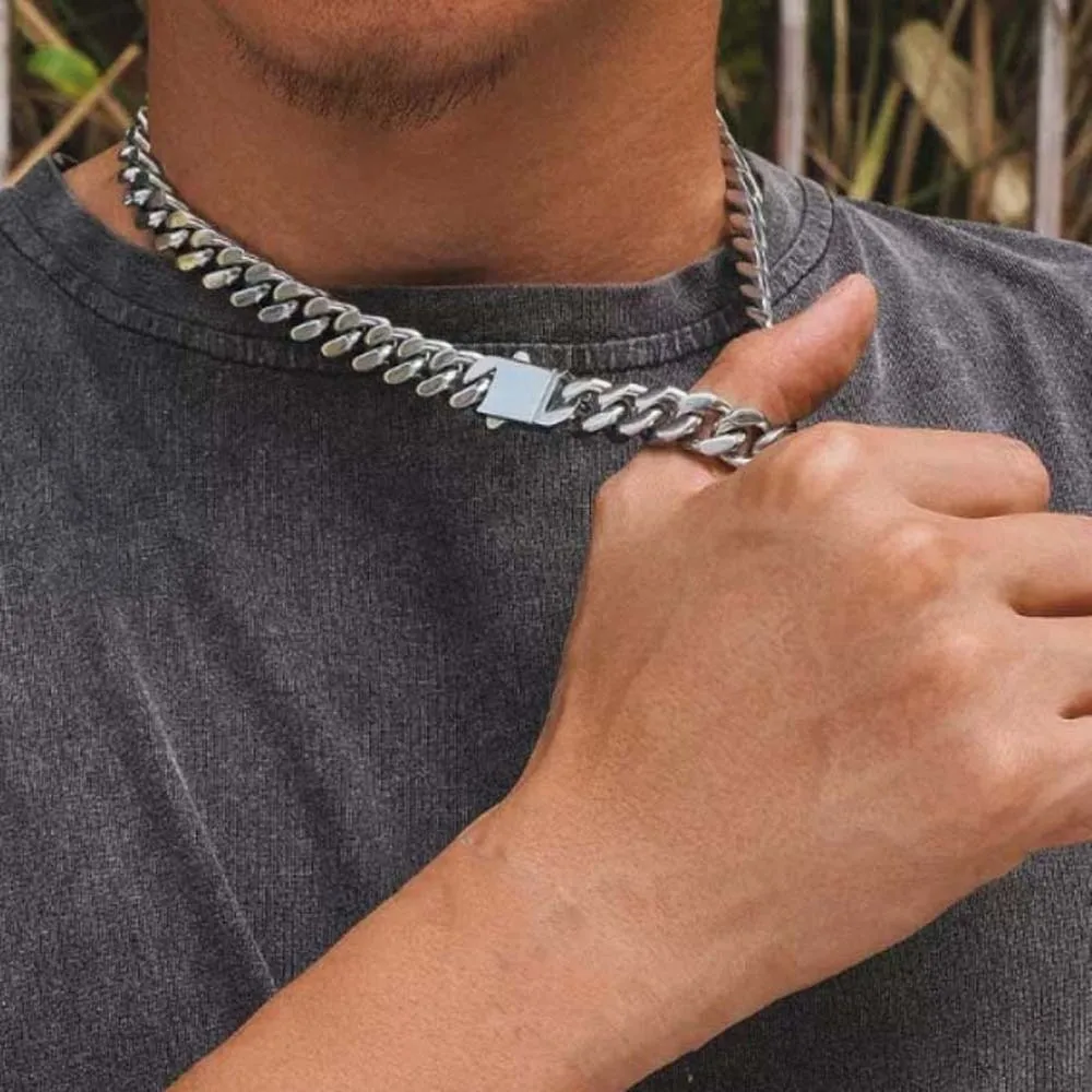 

Luxury 10MM Twists Necklace Metal Square Buckle Silver-plated Neck Chain Long Waterproof Exaggerated Men Necklace Banquet