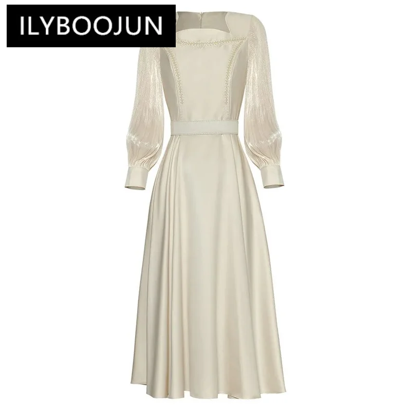 

ILYBOOJUN Fashion Designer Summer Women Dress Square Collar Ruched Lantern Sleeve Beading High Waist Princess Style Midi Dress