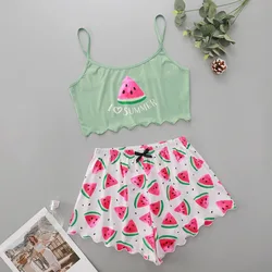 Sexy Pajama Set for Women Watermelon Print Suspender Top and Shorts Loungewear Two Piece Suit Sleepwear Girls Nightwear Homewear