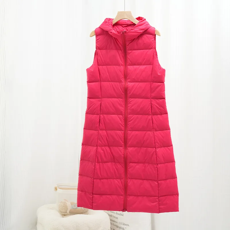 2025 Autumn Winter Women Hooded Down Waistcoat Ultra Light Thin White Duck Down Vest Parkas Female Sleeveless Bigsize Long Tank