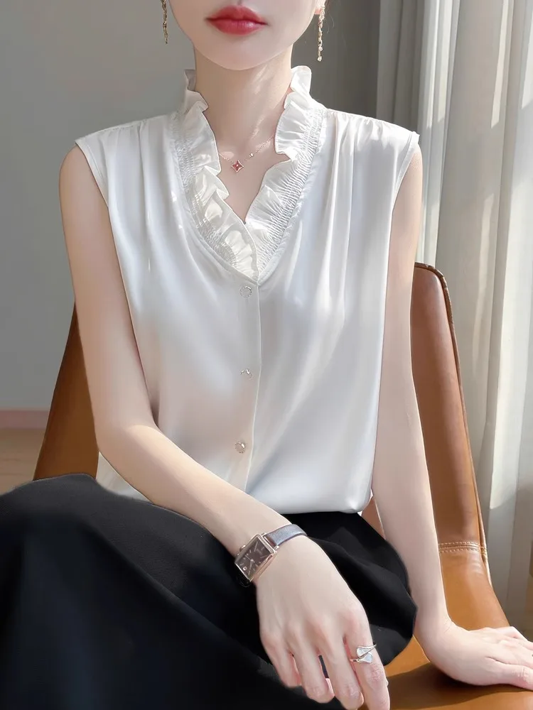 

V-Ne Lace Trim Pure Color Svel irt Top Small Fraance Sle White irt Satin Flower Vest Small irt