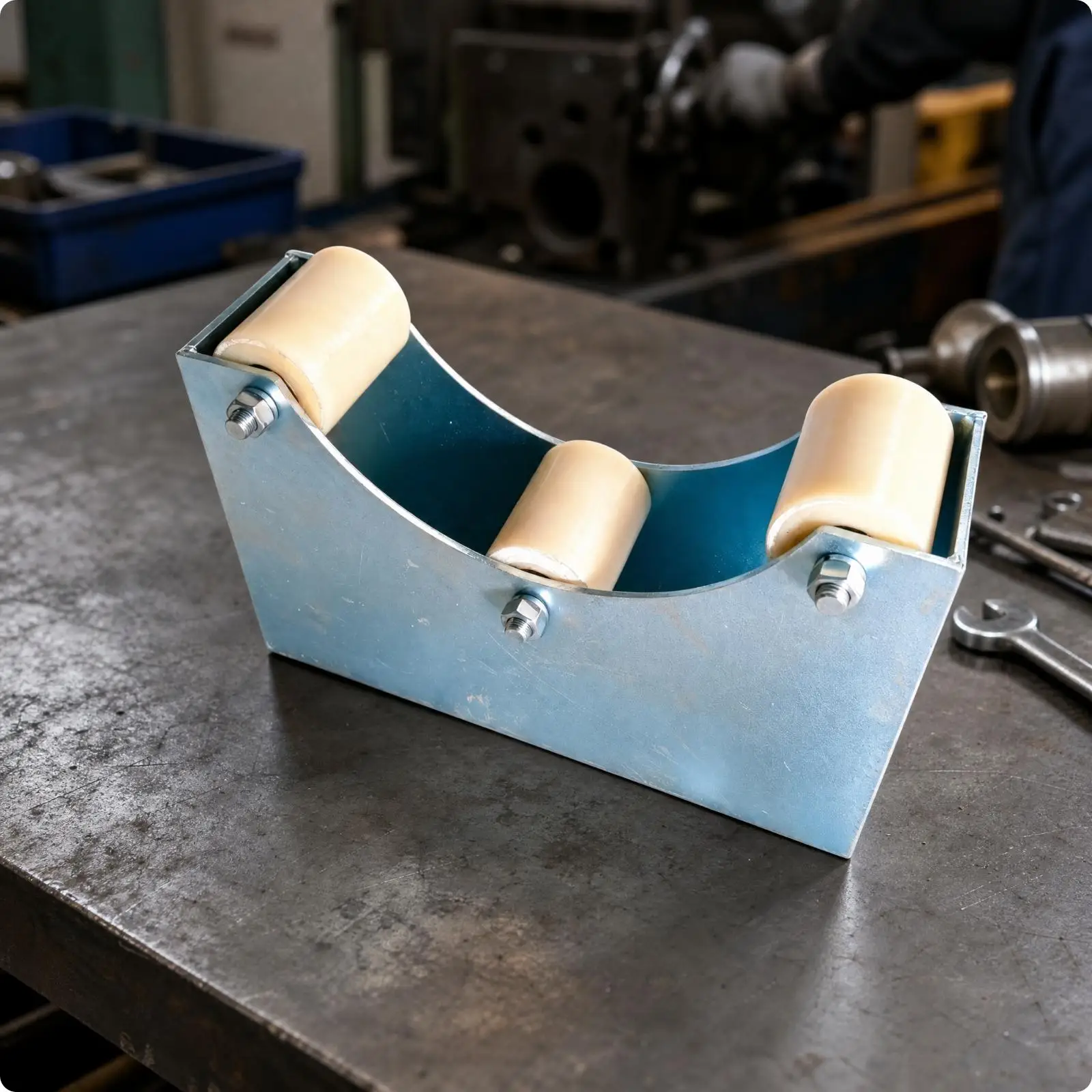 Compact Roller Pulley Wheel Support with Galvanized Steel Structure and Nylon Guide Rollers for Workshop Use