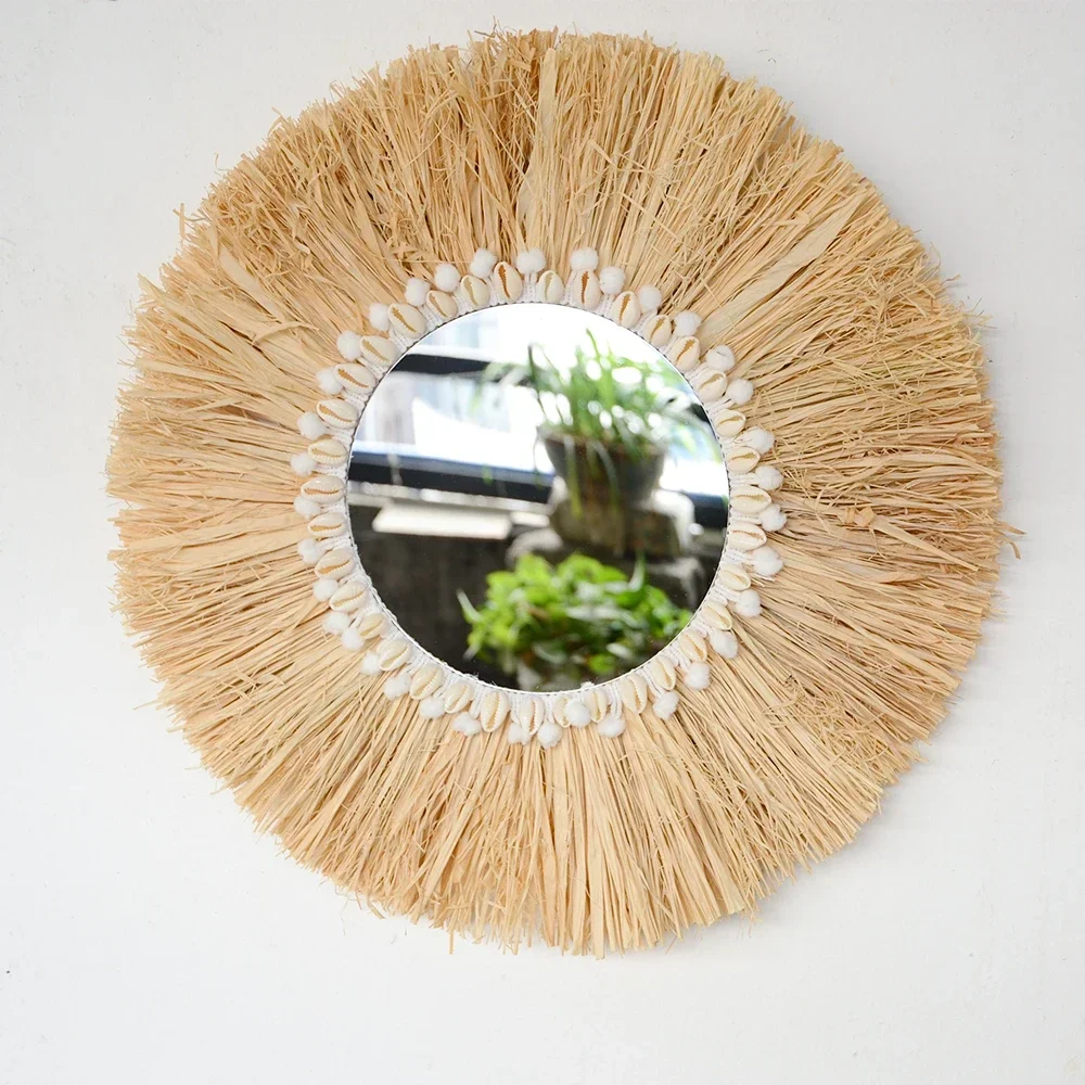 boho Home Furnishing Forest Raffia Decorative wall mirrors Raffia Woven Shell small yarn ballTapestry Living Room Decor mirror