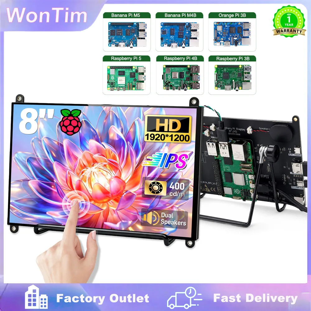 원팀 7인치 8인치 라즈베리 파이 5 터치 모니터 1920x1200 IPS 내장 스피커 4 USB HDMI 타입-C 산업용 휴대용 디스플레이 M3 홀*4