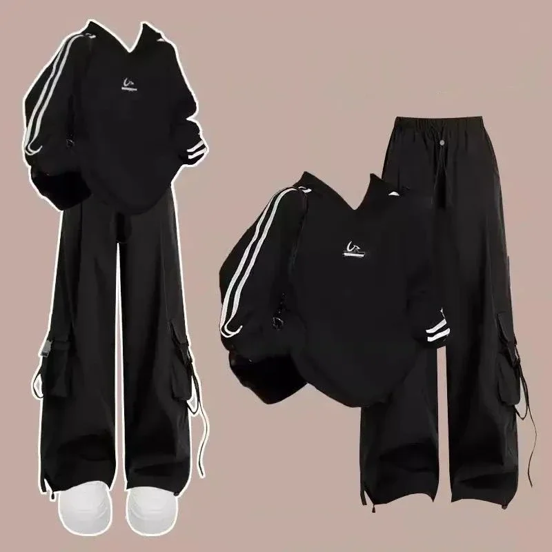 

Весенне-осенние женские повседневные крутые черные толстовки, брюки-карго, комплект из двух предметов, женский модный пуловер в полоску, топы, брюки, наряды