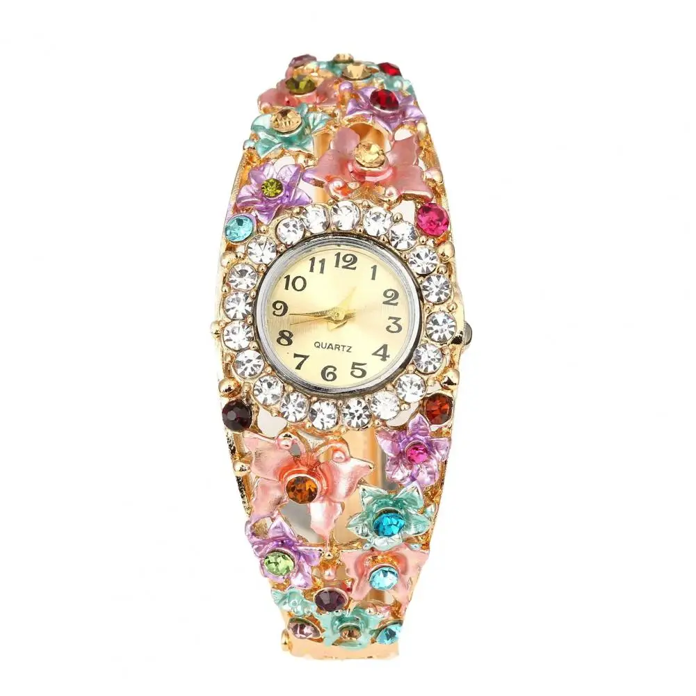 Women Flower Bangle Watch Round Rhinestone Dial Classic Quartz Bangle Wristwatch Fashion Jewelry Accessory