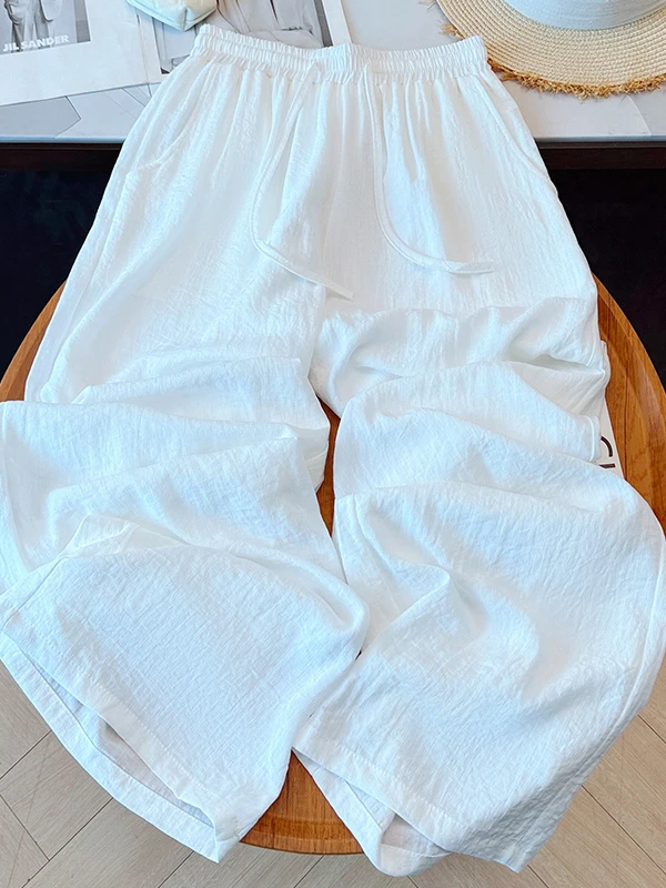 

White Wide Leg Pants Women's Loose Drawstring Casual Trousers Korean Style Lazy Fashion Summer New Arrival Versatile High Wai...