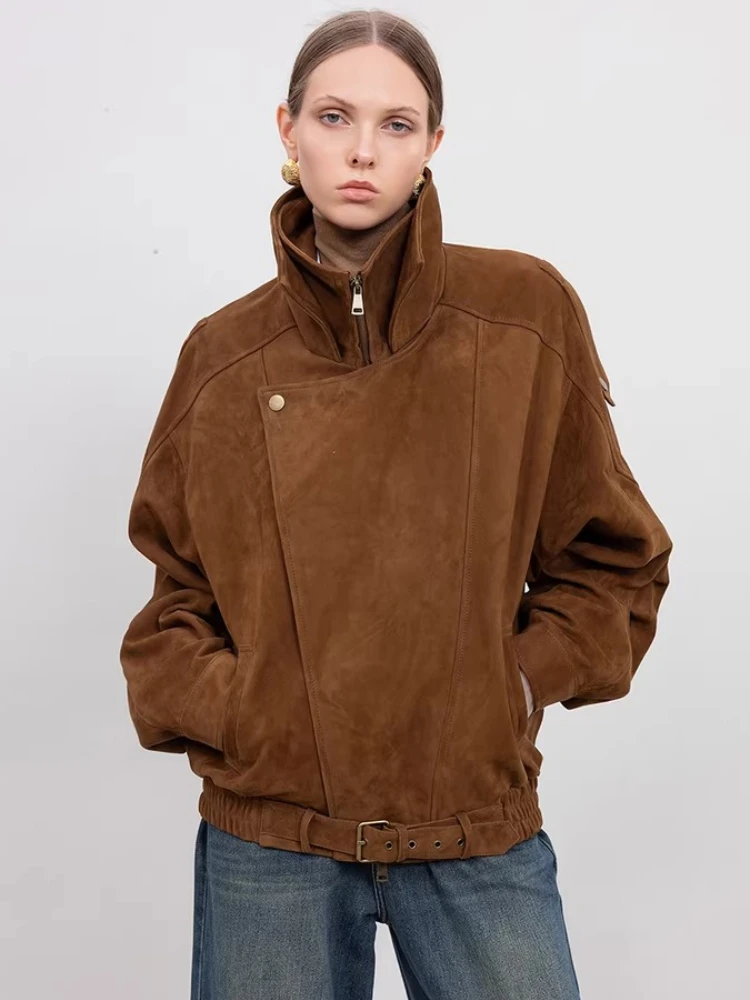 

Vintage Genuine Leather Motorcycle Jackets for Women Simple Double Layered Collar Design Loose Casual Real Goatskin Suede Coat