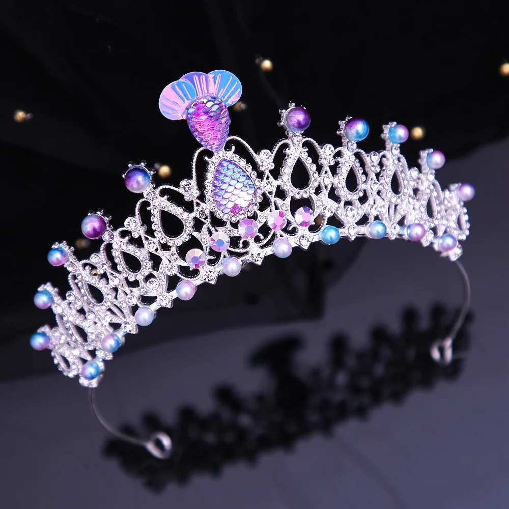 Colorful Crystal Pearl Mermaid Fish Tail Crown Tiaras Halloween Hair Accessories Women Girls Birthday Party Decorations Headband