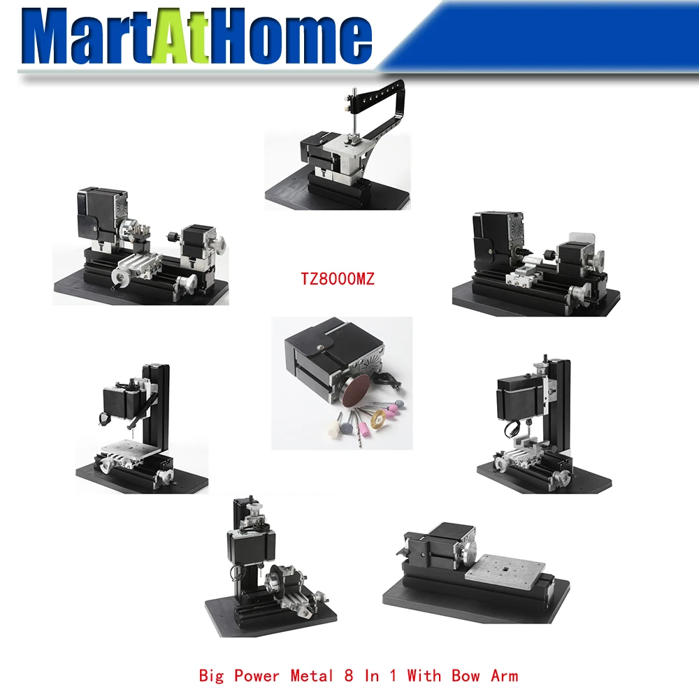 

60W Metal 8 in 1 Mini Machine Kit with Bow-arm TZ8000MZ Lathe, Wood-turning, Jigsaw, Drilling, Milling, Sanding Machine