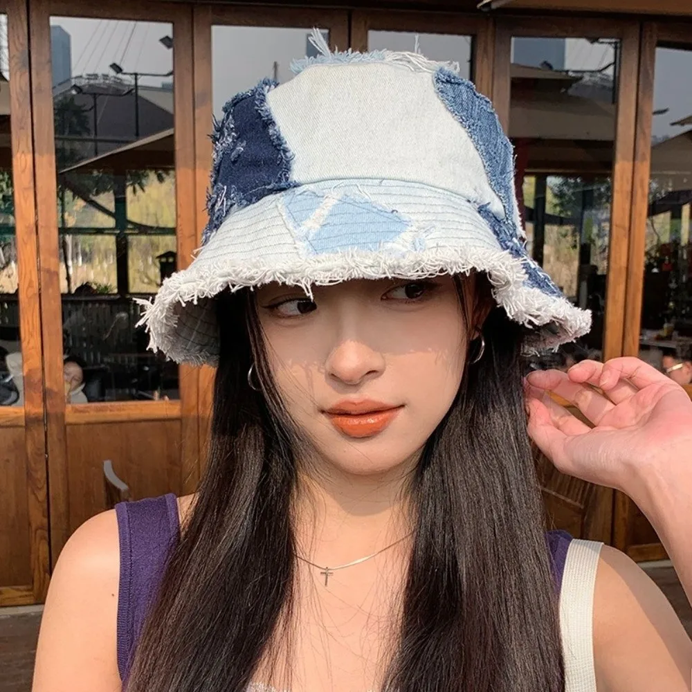 

Niche Japanese Denim Bucket Hat Beggar Style Patched Retro Fisherman Hat Bule Splicing Sun Protection Basin Cap Male/Female