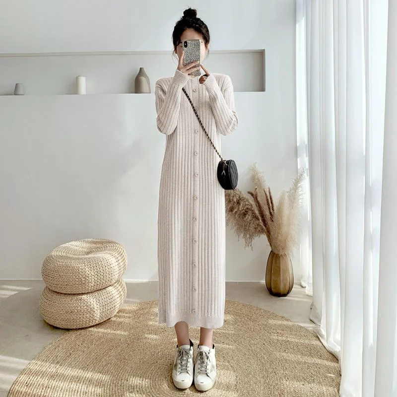 2023 Autumn Winter Women New Thick Medium Long Sweater Skirt Female Loose Over-The-Knee Temperament Coat Bottoming Knitted Dress