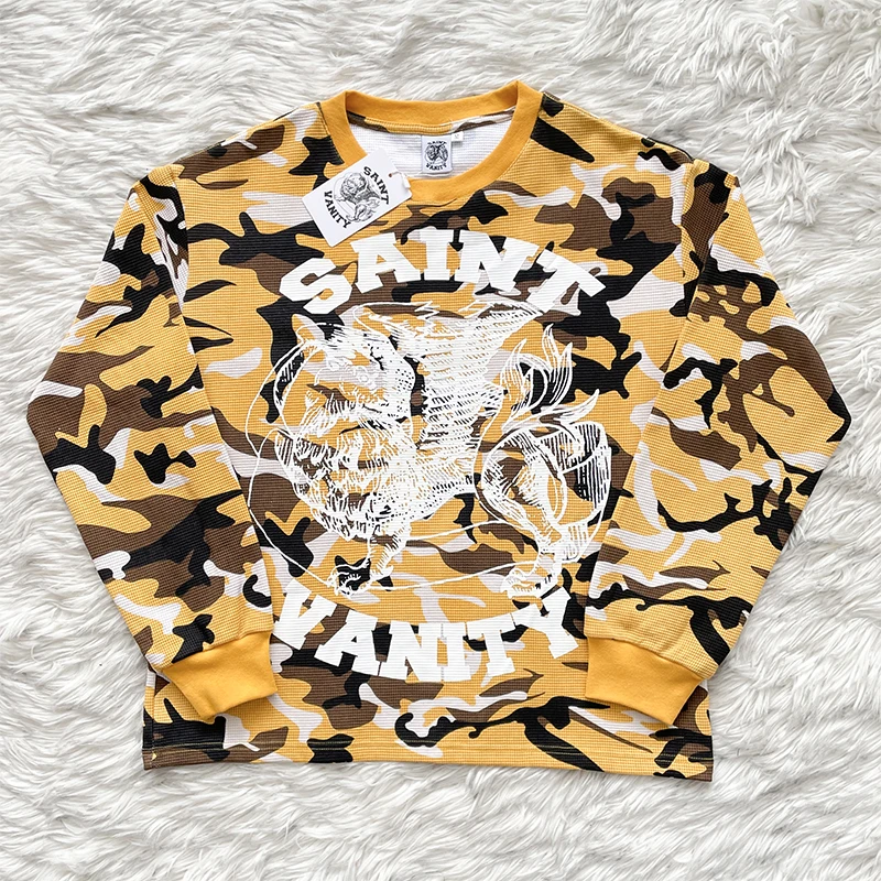 Saint Vanity Vintage Camouflage Print Long Sleeve T-Shirt Cotton Youth Fashion Breathable Casual round Neck Tee for Men