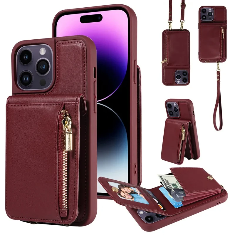 

Lanyard Leather Zipper Wallet Phone Case for iPhone 15 Pro 14 Plus 13 Pro 12 11 XS Max XR X SE 2022 8 7 Wrist Rope Flip Cover