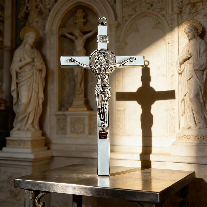 

New2026 Traditional Silver-Tone Catholic St Benedict Crucifix with INRI Engraving for Church Altar and Spiritual Home Decoration