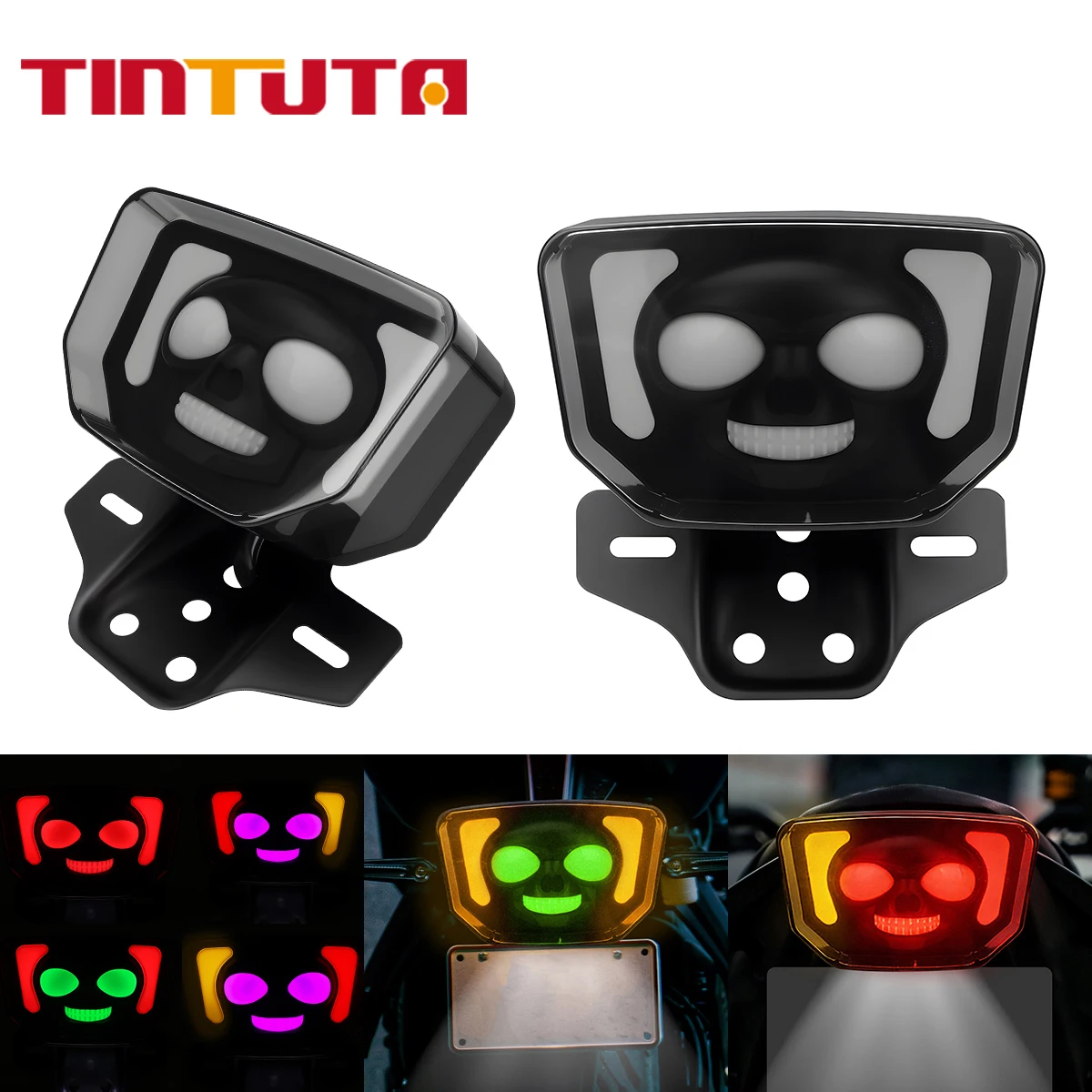 1PCS Motorcycle Skull Head LED Rear Taillight 12V Turn Signals Lights Colorful LED Light Warning Flash Lamp License Plate Light