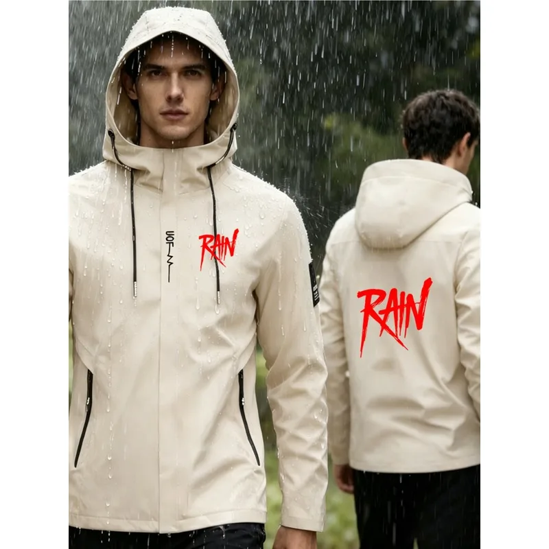 Men's Fashion High-Quality RAIN Logo Hooded Jacket with Inside and Outside Pockets, Heavyweight Zipper Windproof Jacket